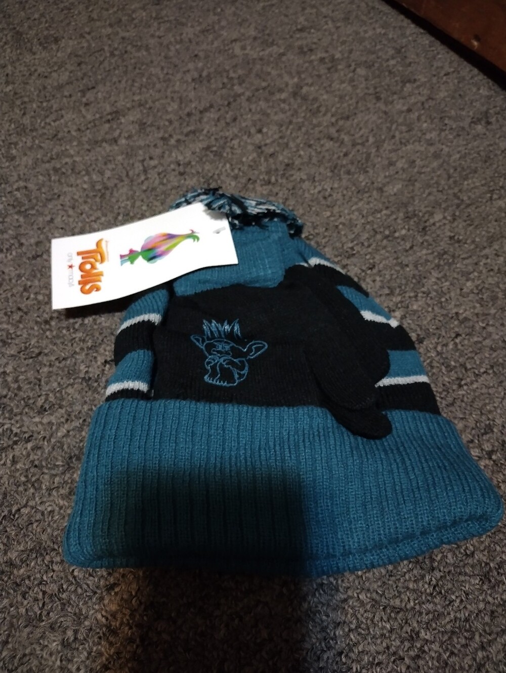 Trolls Teal and Black Knit Beanie with Attached Mittens